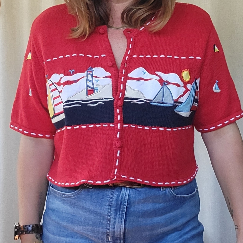 Redesigned Vintage Short Sleeve Sailboat Sweater Large With One Size Hat - Picture 8 of 13